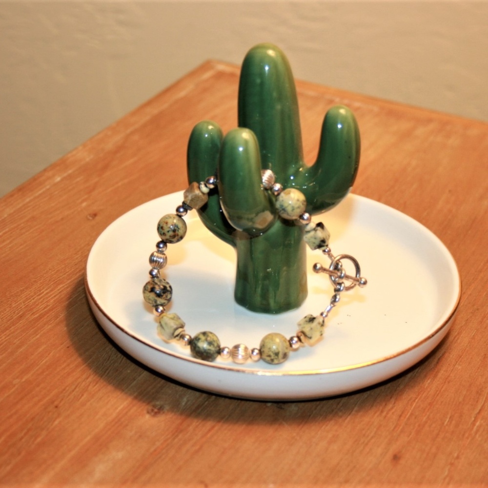 Green and silver beaded bracelet